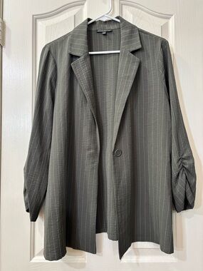 Adrianna Papell Olive Pinstripe Open Blazer